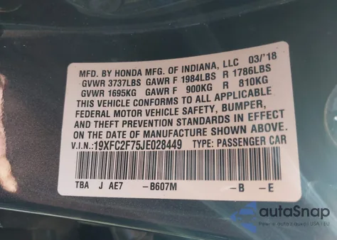 2018 Honda Civic Ex z USA, uszkodzony, nr VIN 19XFC2F75JE028449